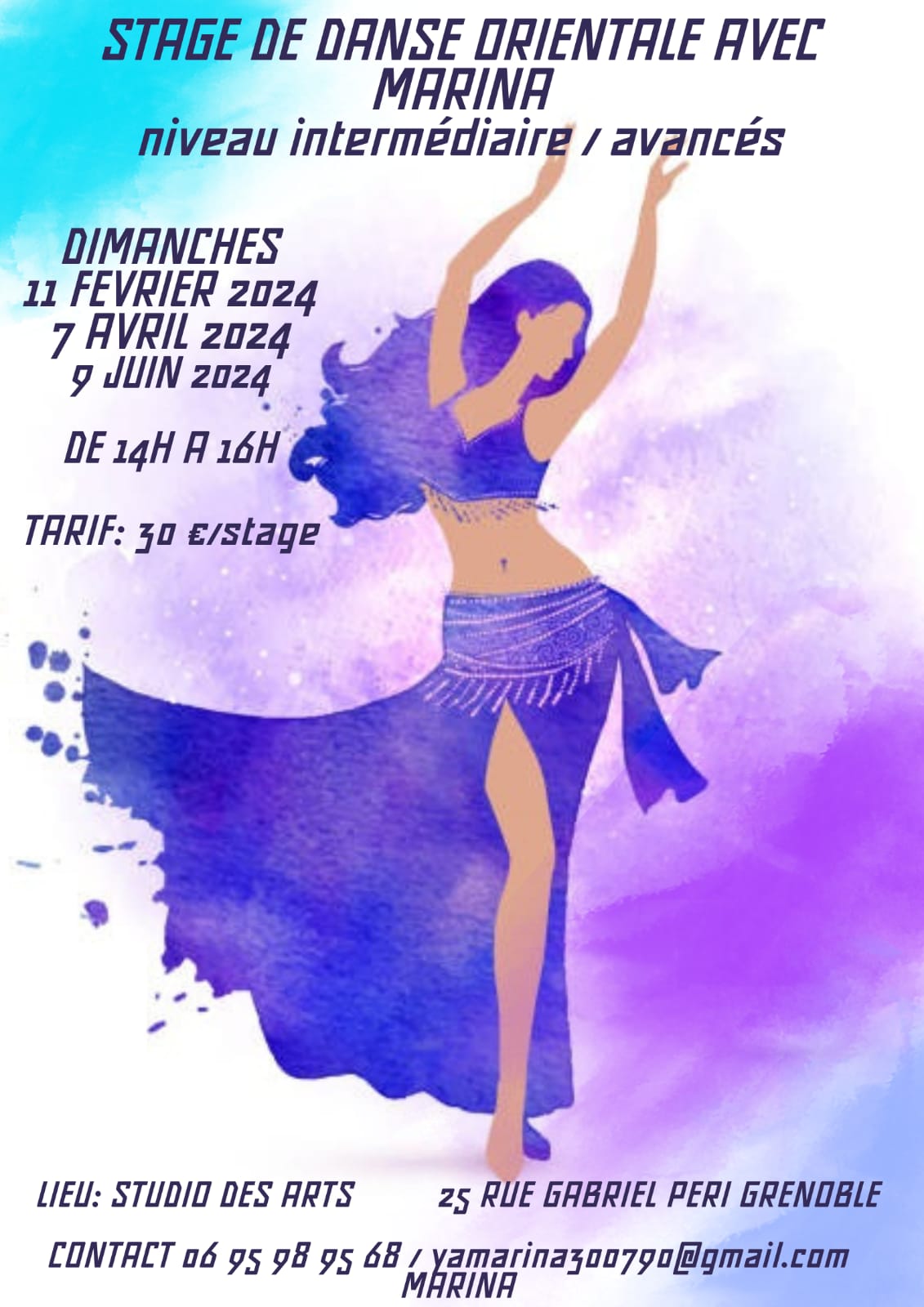 Affiche pour les stages de danse oriental avec Marina, le 11/02, le 07/04 et le 09/06