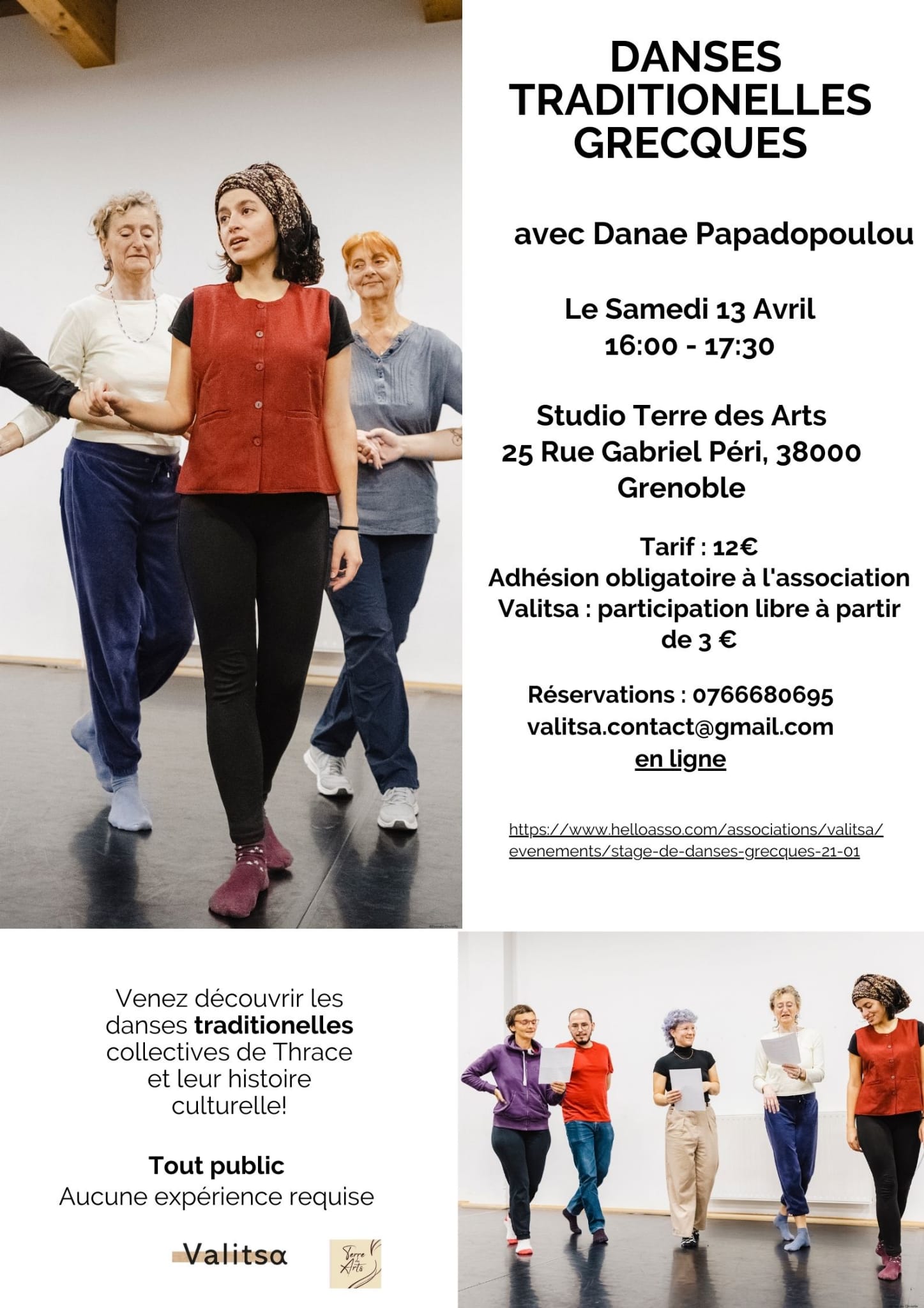Affiche pour le stage de danse traditionnelles grecques avec Danae le 13/04